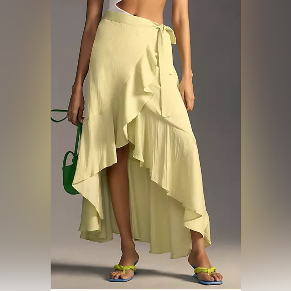 Anthropologie “Maeve” hi-low ruffle maxi skirt chartreuse